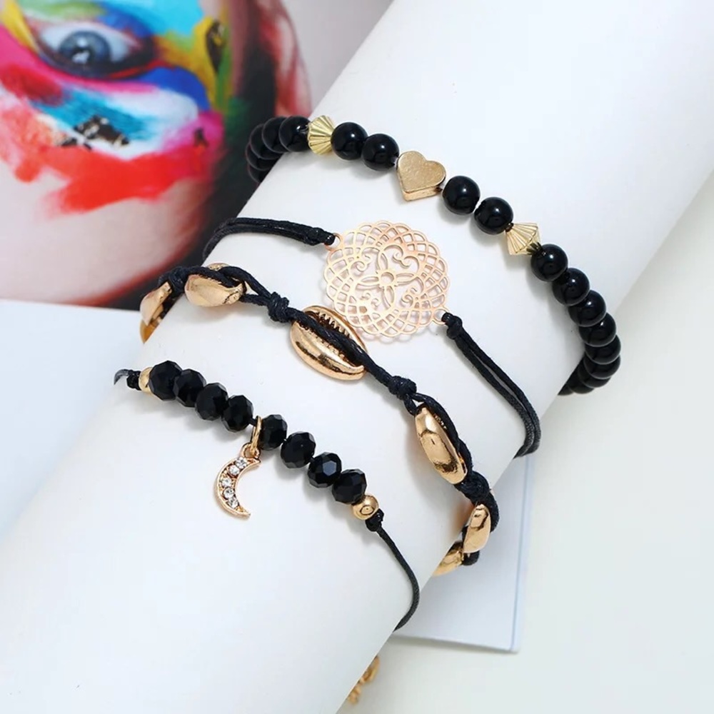 🎉 New Seashell Mandala Black Boho Bracelet Set